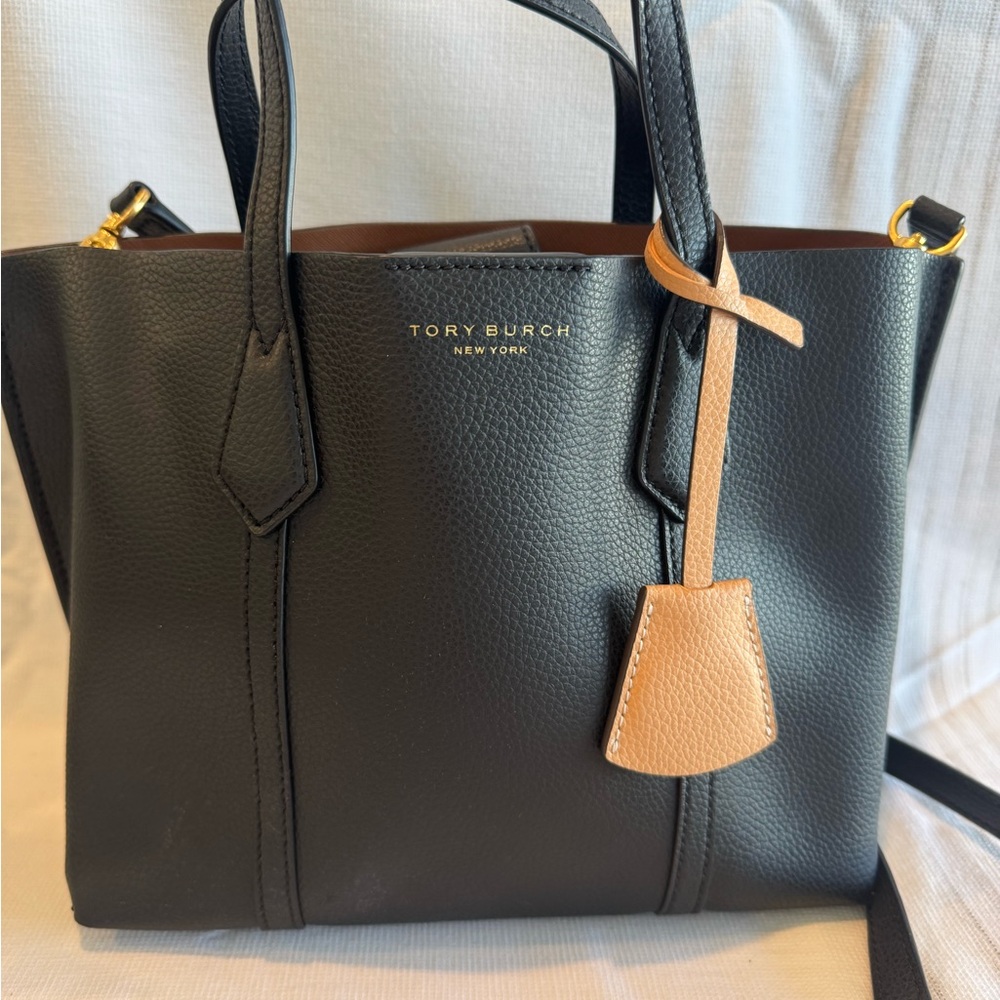 Tory Burch Perry Triple Compartment Black and Tan Tote Bag
